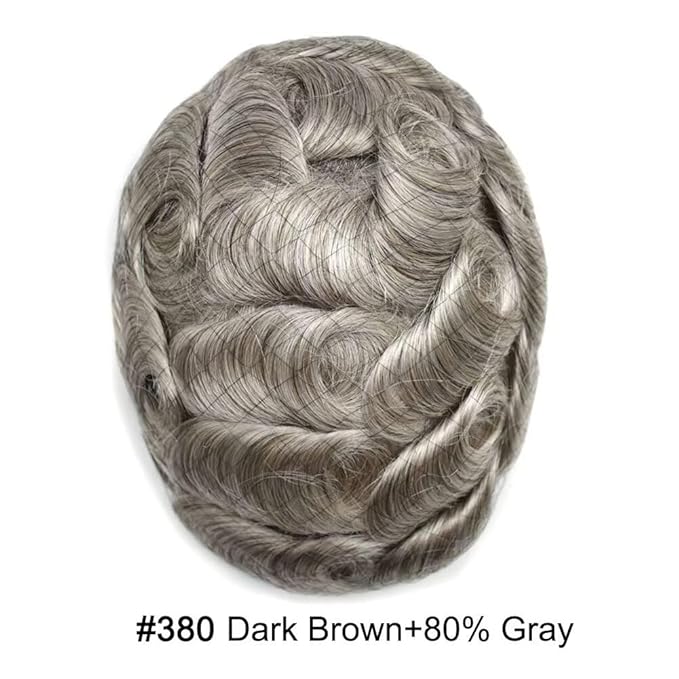 F M FACE MIRACLE NEW YORK Mens Toupee Human Hair Piece French Lace Toupee for Man Hair System Indian Human Hair Replacement Systems V-Looped PU Front Hairpieces 6"X8" #380 Dark Brown with 80% Gray