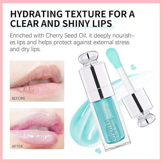 GECOMO Hydrating Lip Glow Oil, Lip Oil Gloss Transparent Toot Tinted Nourishing Long Lasting Repairing Lightening Lip Lines (CLEAR TO PINK) 0.2 OZ