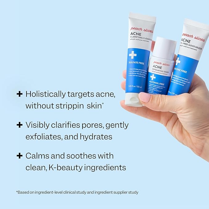 Peach Slices - 3-Step Clarifying Starter Kit (3 Products) - Skin Care Set for Blemish-Prone Skin - 1 Toner, 1 Cleanser, 1 Oil Free Moisturizer - 2% Salicylic Acid & Botanicals - Vegan & Cruelty Free