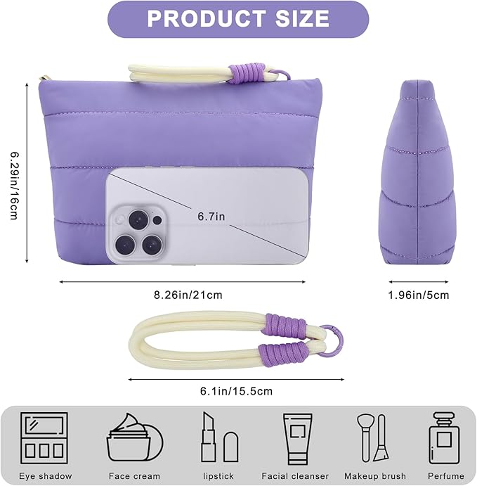DOB SECHS Striped Quilted Makeup Bag with Wristlet Handle Cute Puffy Cotton Cosmetic Bag for Women Small Puffer Toiletry Zipper Make Up Pouch Quilt Clutch Bag Travel Organizer Storage Pouches, Purple