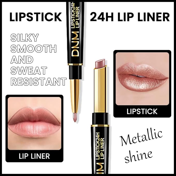 HHLTOH 2-in-1 Brown Lip Liner & Lipstick Set Kit for Women, Metallic Lips Kit with Lip Liner Lip Stains Long Lasting Waterproof 24 Hour Lipstick and Lip Liners Combo Lipliners Pencil Set 18