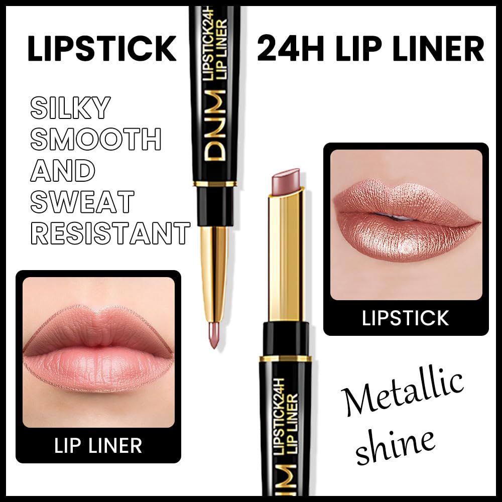 HHLTOH 2-in-1 Brown Lip Liner & Lipstick Set Kit for Women, Metallic Lips Kit with Lip Liner Lip Stains Long Lasting Waterproof 24 Hour Lipstick and Lip Liners Combo Lipliners Pencil Set 18