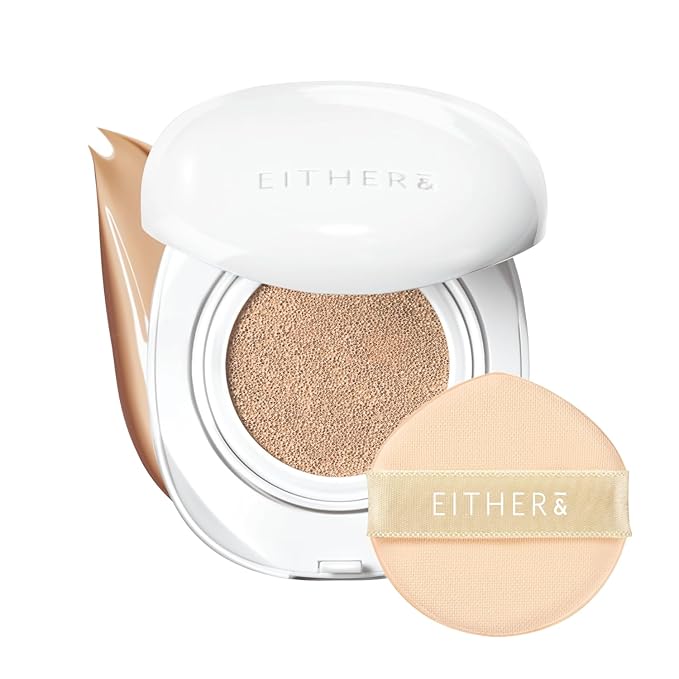 EITHER& Glow Pixel Cushion Foundation, Korean Glass Skin Finish, 62% Skincare-Infused, Antioxidant-Rich, Long-Lasting, Buildable Coverage (24P Suede, 12g)
