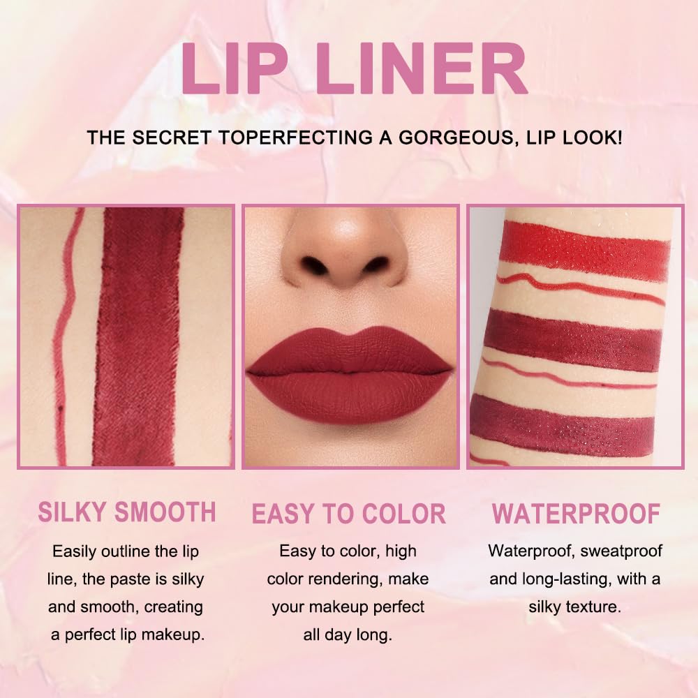 HHLTOH 2-in-1 Burgundy Red Lip Liner and Lipstick for Women, Matte Long Lasting Waterproof Lip Color, Dual Ended Lip Pencil & Lipstick Combo, Smooth Non-Drying Lip Makeup, Vegan & Cruelty-Free