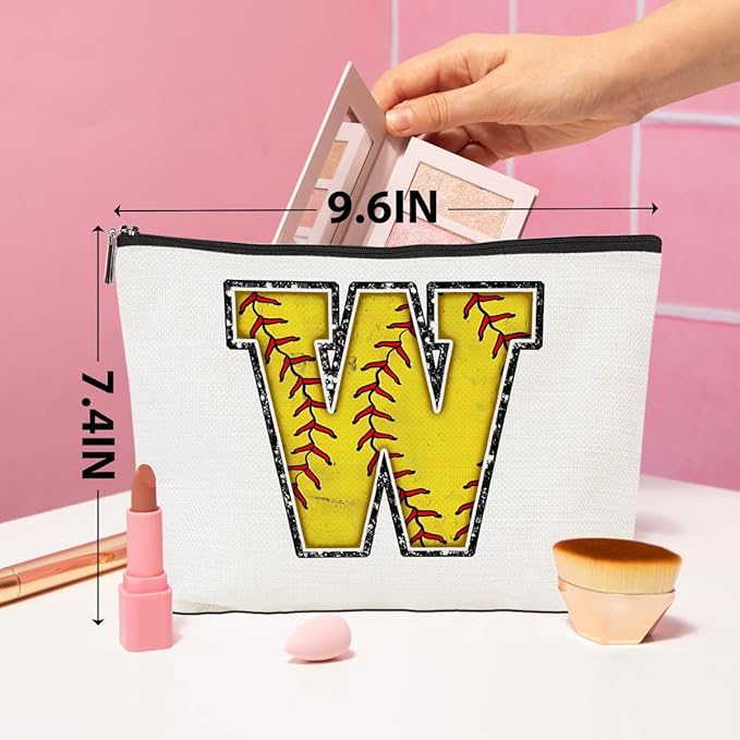 Softball Gifts Initial W Makeup Bag Softball Gifts for Team Cosmetic Bag