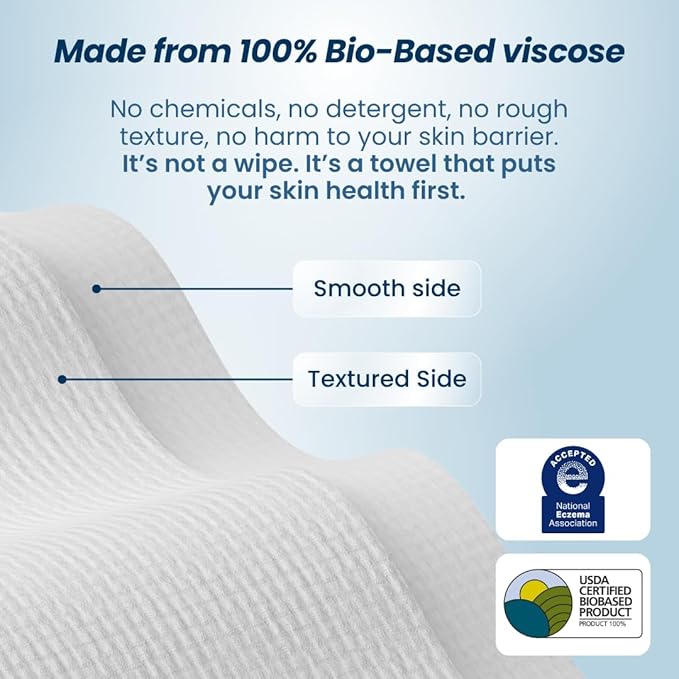Clean Skin Club Clean Towels XL® Supreme, 100% USDA Biobased Face Towel, Disposable Face Towelette, Eczema Association Accepted, Thicker Textured Dry Wipes, Ultra Absorbent & Soft, 1 Pack, 50 Ct