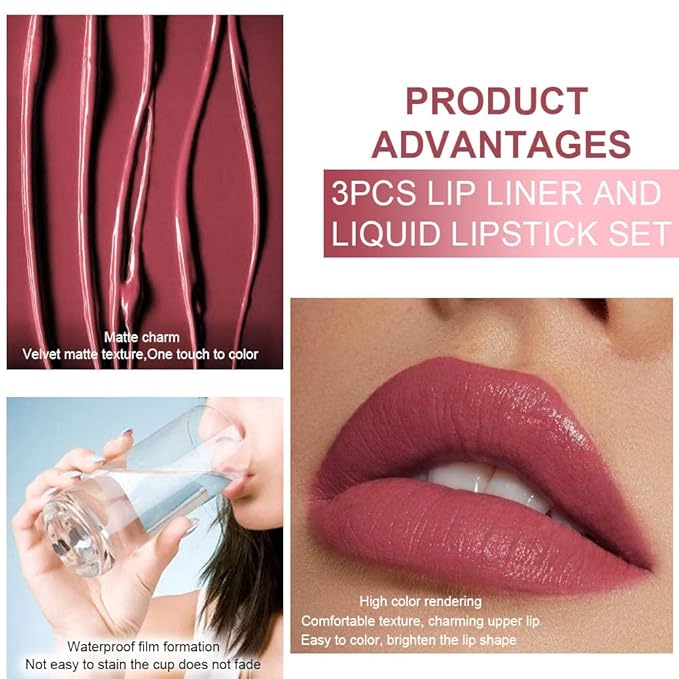 evpct 3Pcs Mauve Neutral Light Rosey Nude Blue Red Matte Liquid Lipstick and Lip Liner Stain Sets for Women, Long Lasting 24 Hours Matte Lipstick labiales larga duracion 24 mate originales