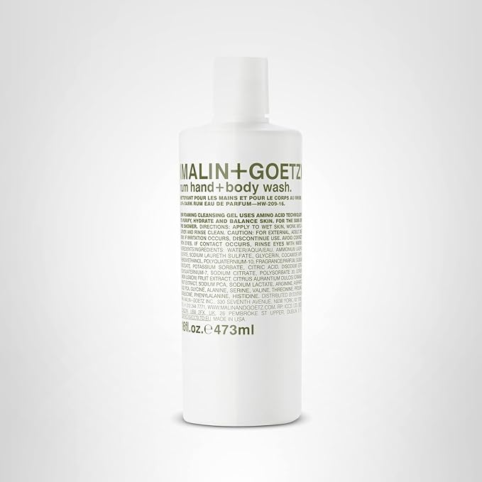 MALIN+GOETZ Hand + Body Wash | Gentle Foaming Cleanser with Botanical Extracts and Amino Acids | Hydrating, pH-Balanced, Unisex Scent | Vegan & Cruelty-Free (Rum, 16 Fl Oz)