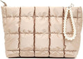 Beayuva Puffer Quilted Makeup Bag Travel Cosmetic Bag Portable Puffy Checkered Toiletry Pouch Skincare Organizer Purse Pencil Case (Champagne Gold)