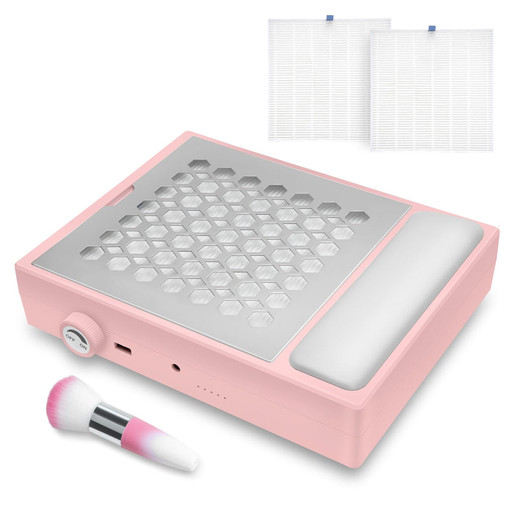Madenia Powerful Nail Dust Collector - Brushless Quiet Vacuum Suction Fan Extractor with Hand Pillow 2 Filters 1 Brush, Nail Dust Cleaner Machine for Acrylic Gel Nail Polishing Nail Tech Use, Pink
