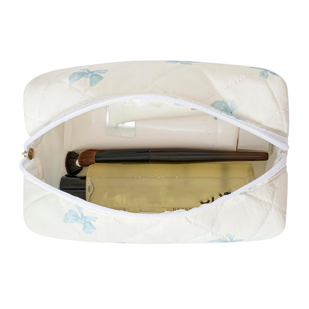 HHQQWZ Makeup Bag Travel Cosmetic Bag for Women Girls, Zipper Make Up Pouch, Floral Flowers Toiletry Organizer Makeup, Portable Storage Bag, Cosmetic Travel Cloth Bag (Blue Bow Tie)
