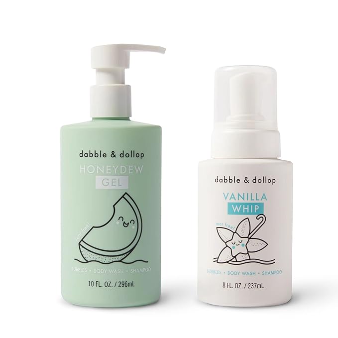 Dabble & Dollop Honeydew + Vanilla Kids 3-in-1 Body Wash, Shampoo & Bubble Bath Bundle – Gel + Foam Whip Set, Tear-Free, Gentle, Natural-Origin, Hypoallergenic and Safe for Sensitive Skin (Pack of 2)