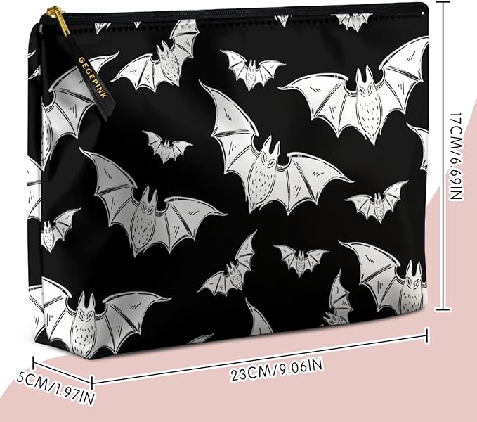 GEGEPINK Cute Makeup Bag for Purse Waterproof Cosmetic Bags for Women Funny Smooth Zipper Travel Toiletry Pouch 10X8 Inches-Halloween Bat Makeup pouch
