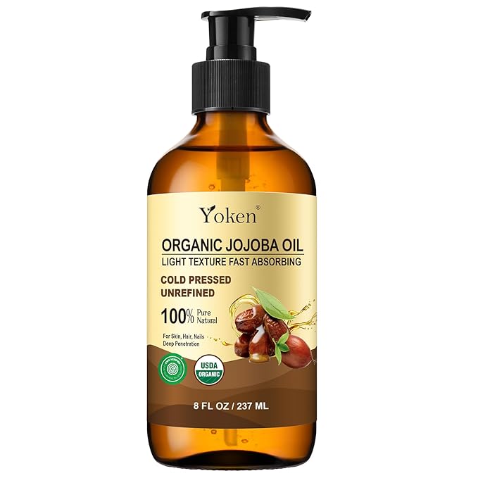 Yoken Organic Jojoba Oil in Glass Bottle 8oz, USDA Organic for Hair & Skin