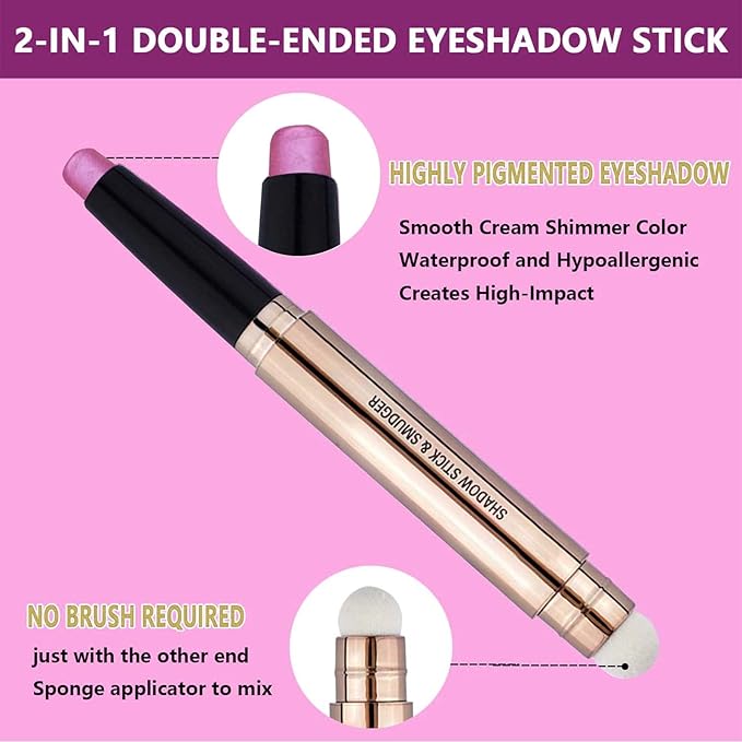 SAUBZEAN Pink Eyeshadow Stick Makeup, Highlighter Matte Cream Eye Shadow Pencil, Waterproof Hypoallergenic Long Lasting Crayon, Glitter Primer Palette Shimmer Eyeliner Pen wiht Soft Brush
