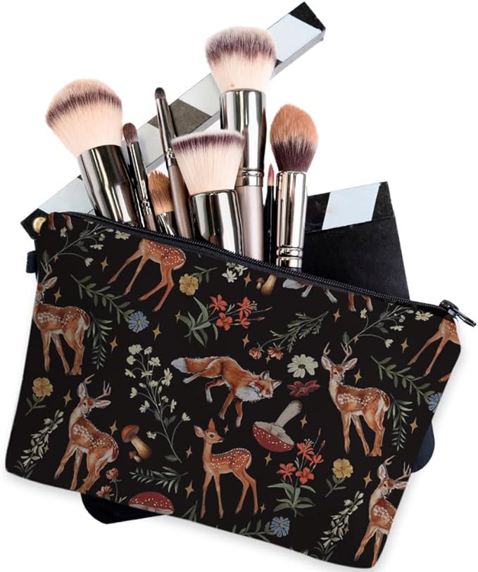 Loomifang Small Makeup Bag Cosmetic Bag for Women, Pretty Design Organizer Case with Zipper Closure, Lightweight and Water-Resistant Make Up Bag - 8.65"x 5.35" x 7.08"（Sika Deer & Fox）