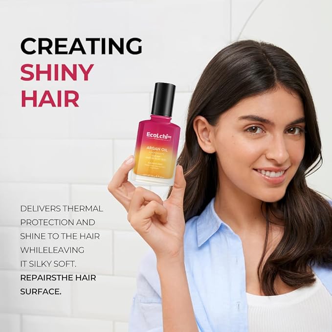 ECOLCHIPRO Argan Hair Oil Hair Serum Cold Pressed Weightless Vitamin E Argan Oil Hair Treatment for All Hair Types Dry Damaged Hair Body Skin 60ml