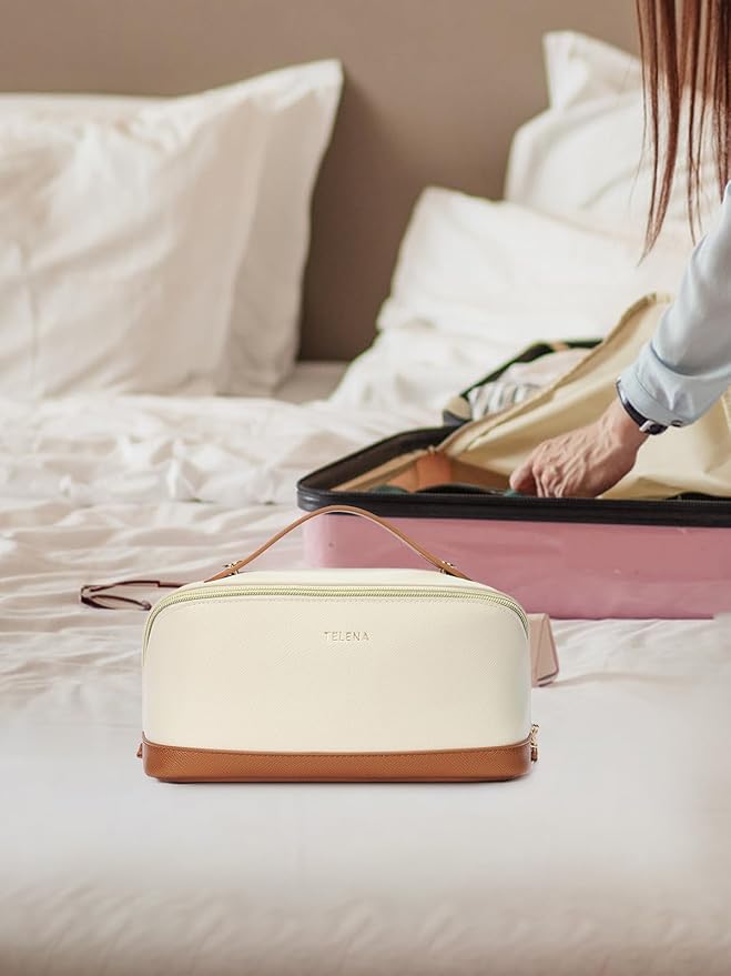 Telena Leather Make Up Bag Portable Travel Makeup Bag Waterproof Cosmetic Bags for Women Large Capacity With Handle and Divider Open Lay Flat