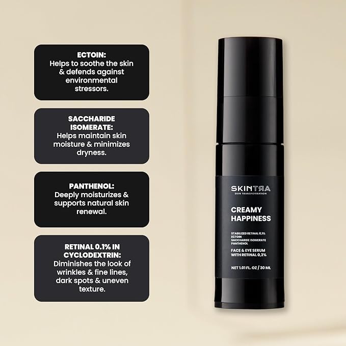 SkinTra Creamy Happiness - Advanced Retinal Emulsion 0.1% Encapsulated for Stability - Smoothes & Firms – Deep Hydration – 30 ml/Net 1.01 Fl. Oz