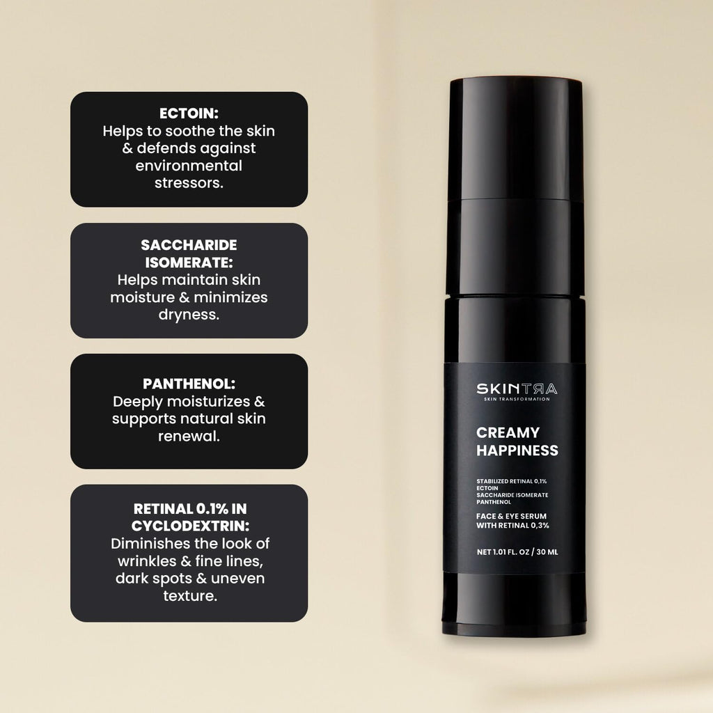 SkinTra Creamy Happiness - Advanced Retinal Emulsion 0.1% Encapsulated for Stability - Smoothes & Firms – Deep Hydration – 30 ml/Net 1.01 Fl. Oz