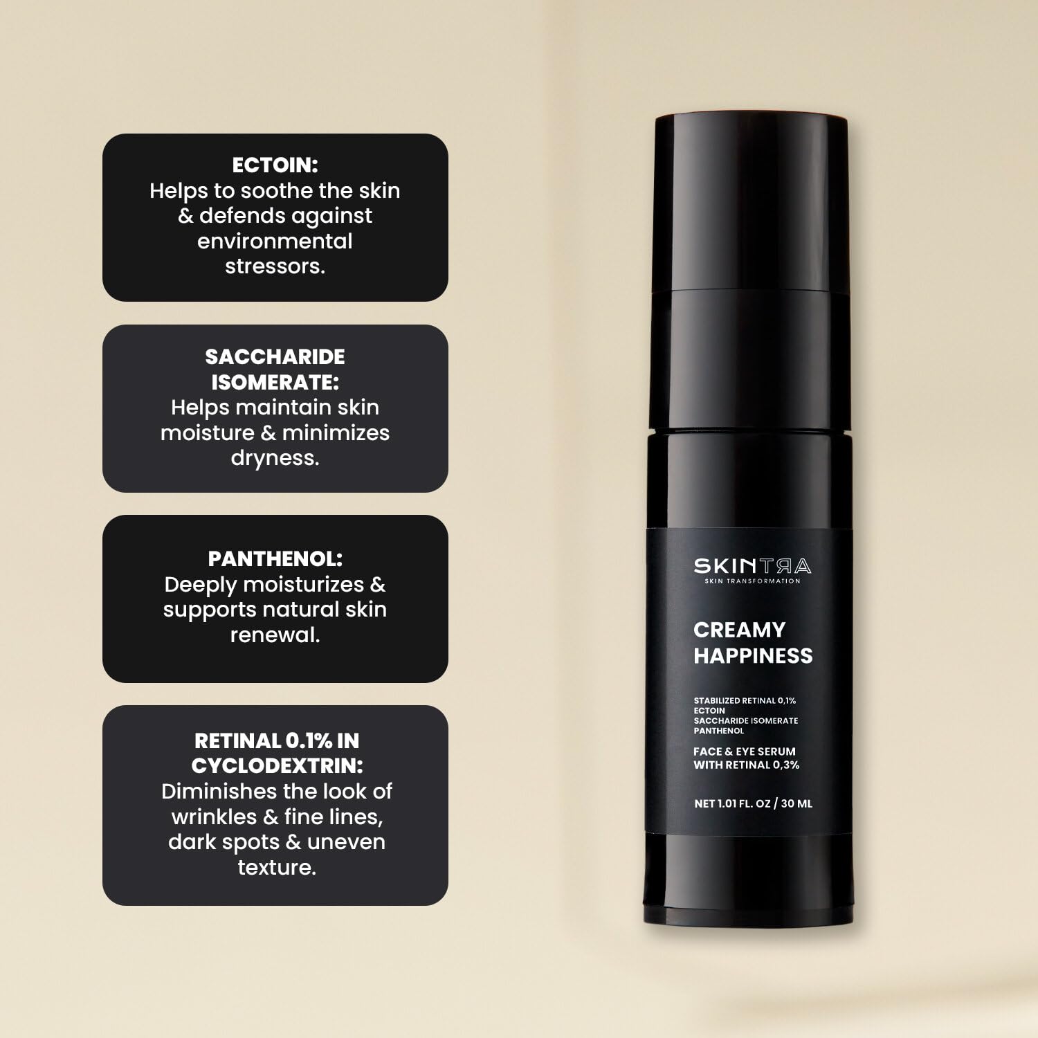 SkinTra Creamy Happiness - Advanced Retinal Emulsion 0.1% Encapsulated for Stability - Smoothes & Firms – Deep Hydration – 30 ml/Net 1.01 Fl. Oz