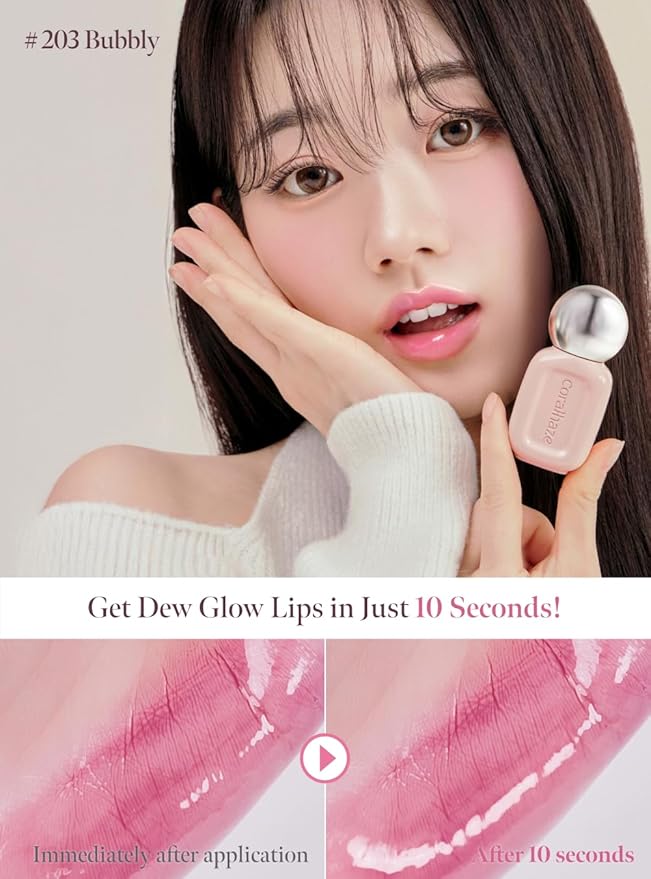 CORALHAZE Dew Drop Tint #203 Bubbly 4.5g, Glossy, Lightweight Lip Stain, Glass-Like, High Shine, Moisturizing Lip Oil, Long Lasting Color, Hydrating Gloss, Dewy Finish, Korean Beauty Makeup