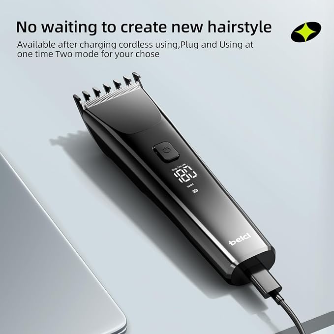 beici Hair Clippers for Men and Kids Adjustable Length Trimmer Haircut Professional Haircuts Tool Grooming 6 Kit LED Screen Display Fast Charge for Family Black