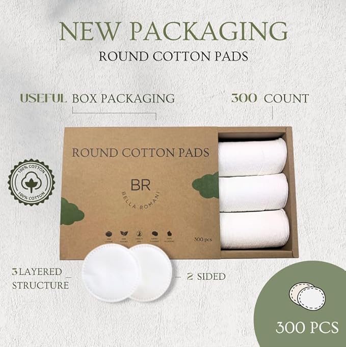 Bella Romani Certified Organic Cotton Rounds (300 Count) Makeup Remover Pads, Hypoallergenic, Lint-Free | 100% Pure Cotton