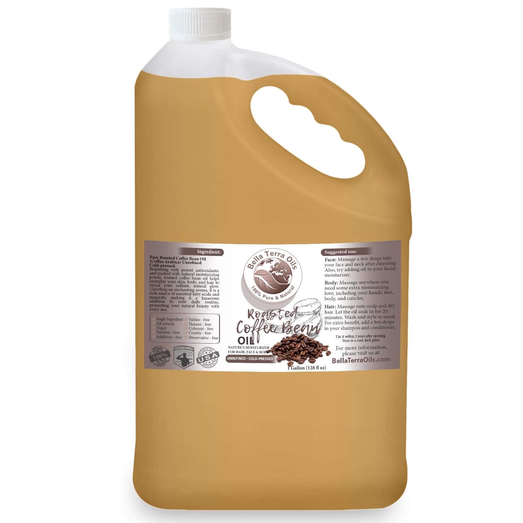 Bella Terra Oils Roasted Coffee Bean Oil for Skin and Hair – 1gallon, Cold Pressed Carrier Oil, Hydrating, Nourishing, Fast Absorbing