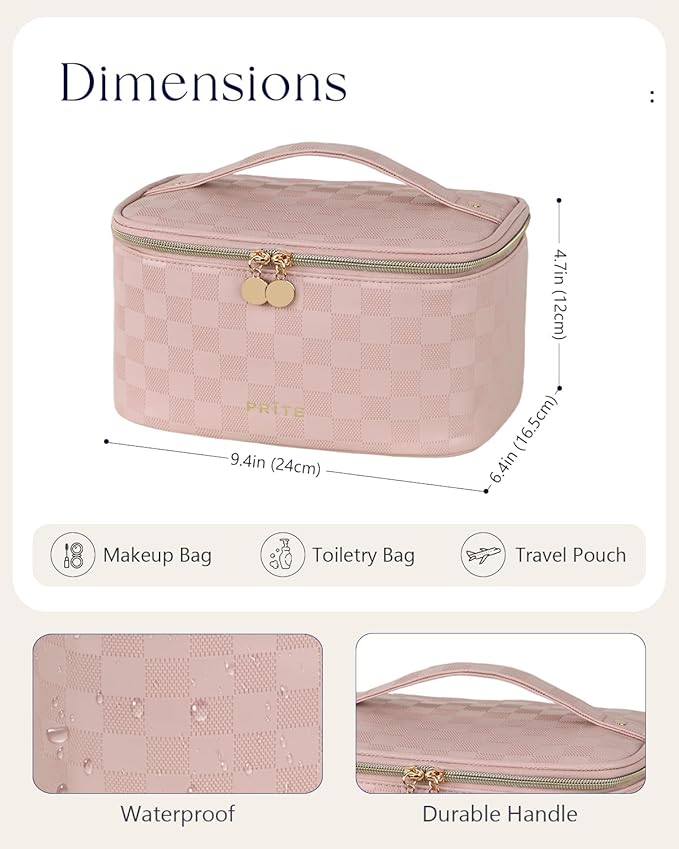 Prite Makeup Bag Travel Cosmetic Case, Women Toiletry bag, Checkered Pink