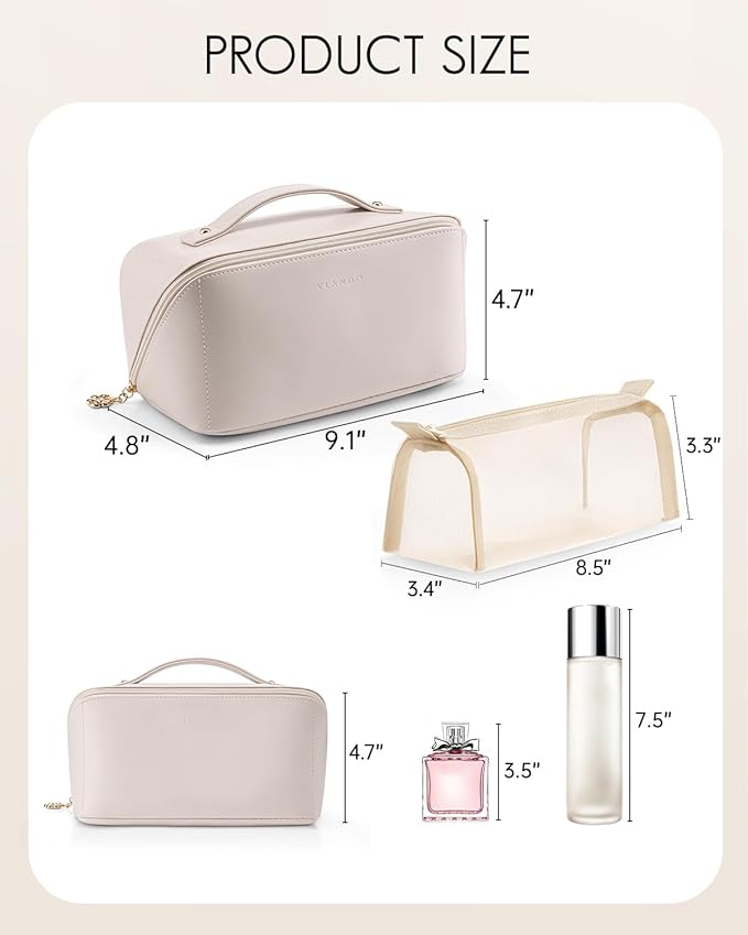 VLANDO Makeup Bag,Women Travel Toiletry Case,Carry Handle,Off White