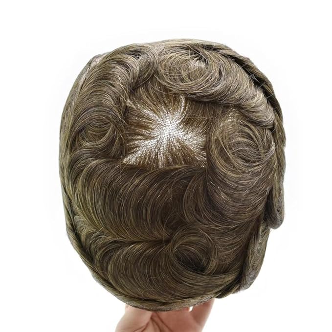 F M FACE MIRACLE NEW YORK Mens Toupee Human Hair Piece French Lace Toupee for Man Hair System Indian Human Hair Replacement Systems V-Looped PU Front Hairpieces 6"X9" 6# LIGHT BROWN