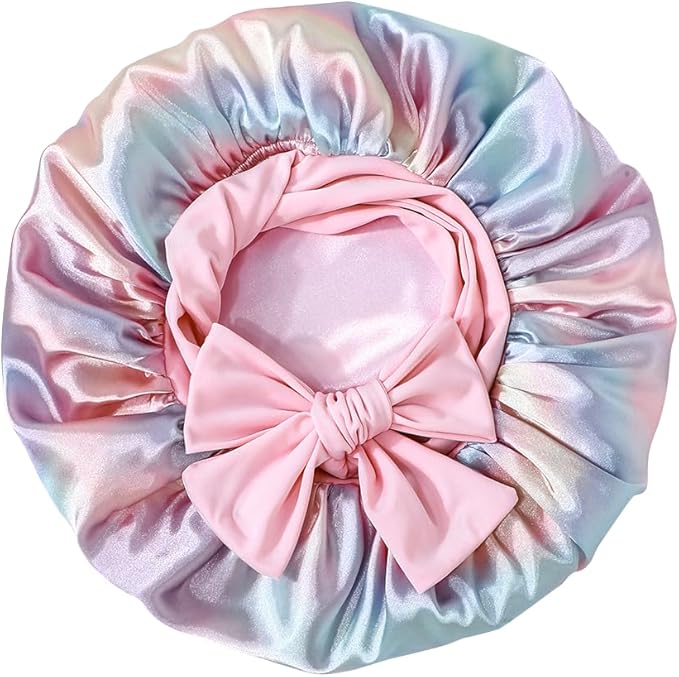 GDTOGRT Satin Silk Bonnet for Sleeping Women, Double Layer Sleep Hair Bonnets Caps for Curly Natural Hair with Tie Band - Aura