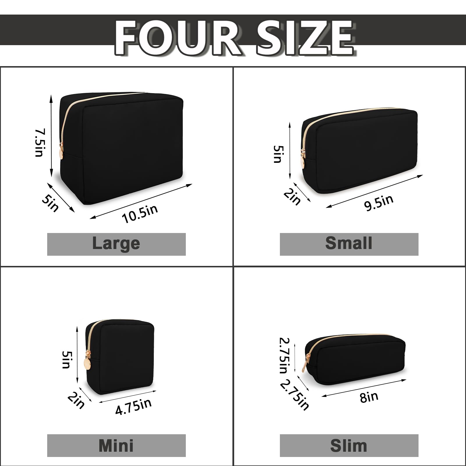 UIXIZQ Waterproof Large Makeup Pouch,Nylon Women Travel Toiletry Storage Preppy Cosmetic Bag for Girls,Big Makeup Organizer Bag Cute Zipper Pouch for Sport Work Gift(Large-Black)