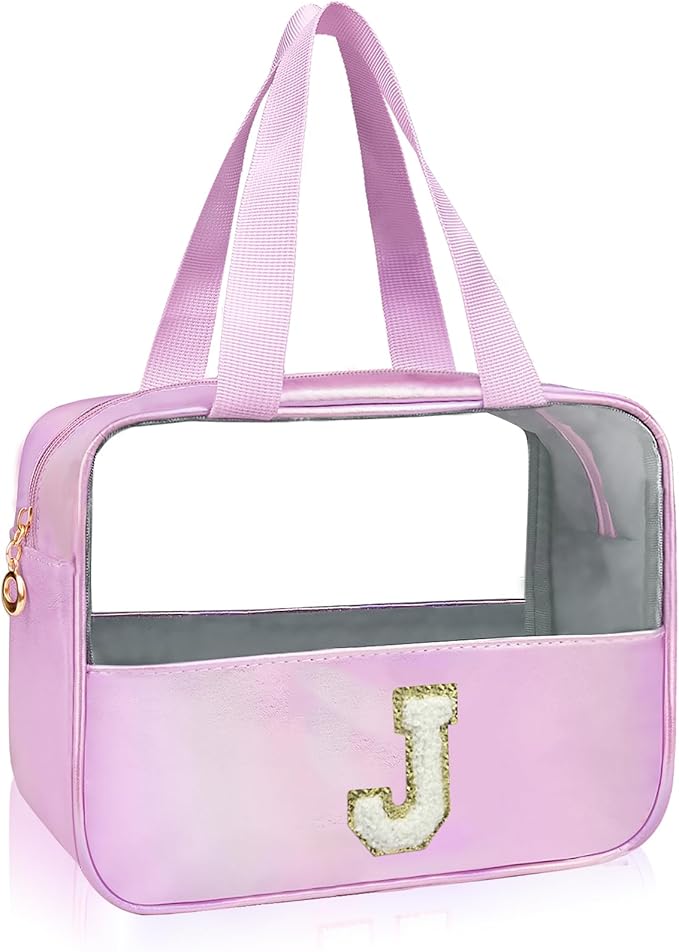 Junesters Personalized Initial J Clear Purple Makeup Bag - Large Travel Toiletry Bag, Cute Cosmetic Organizer Set for Girlfriend, Teacher, Teen Girl Gifts