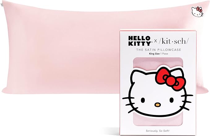 Kitsch x Hello Kitty Satin Pillowcase - Size 19x36, Solid Pink Kitty Face