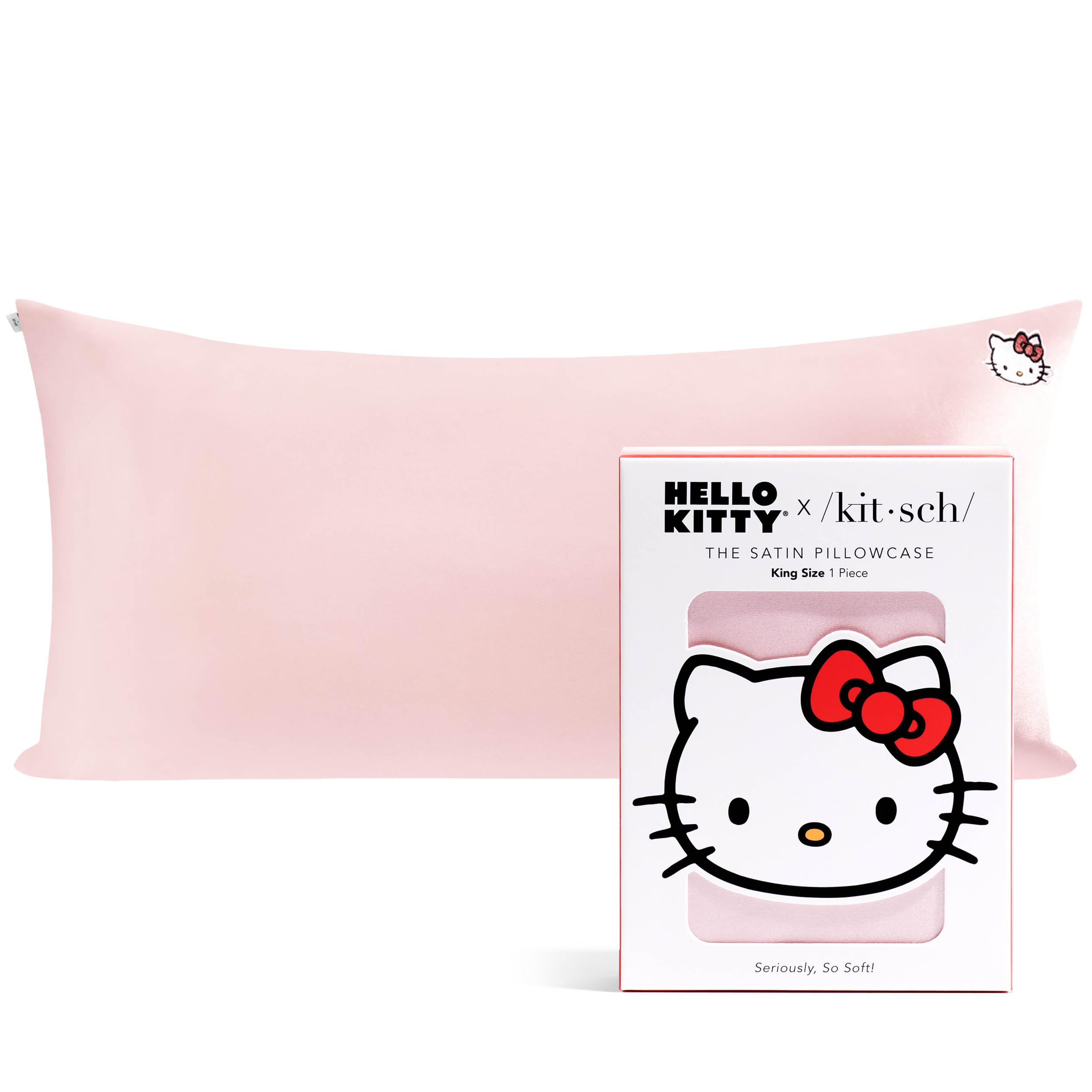 Kitsch x Hello Kitty Satin Pillowcase - Size 19x36, Solid Pink Kitty Face