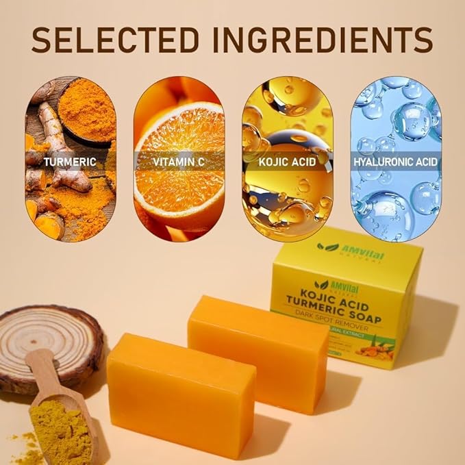 AMVital Turmeric Kojic Acid Soap Bars for Face & Body, 4-Pack