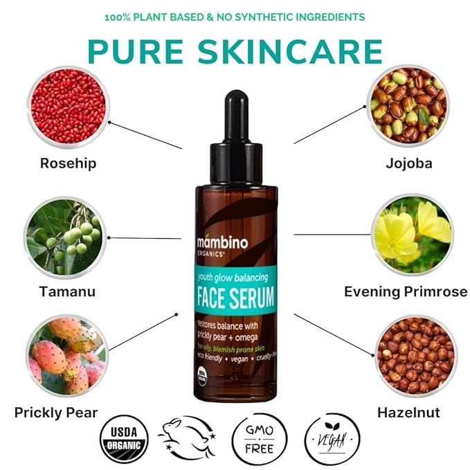 Mambino Organics Youth Glow Balancing Face Serum, Prickly Pear & Omega-Rich Oils, Lightweight Hydrating Serum for Oily & Blemish-Prone Skin, Cruelty-Free Skincare, 1 fl oz