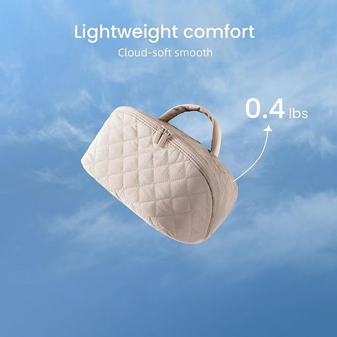 Hbviret Makeup Bag for Woman, 180° Lay Flat Wide Open Makeup Bags, Large Fold out Washable Cosmetic Case, Quilted Puffy Toiletry Bags for Toiletries (Blue)