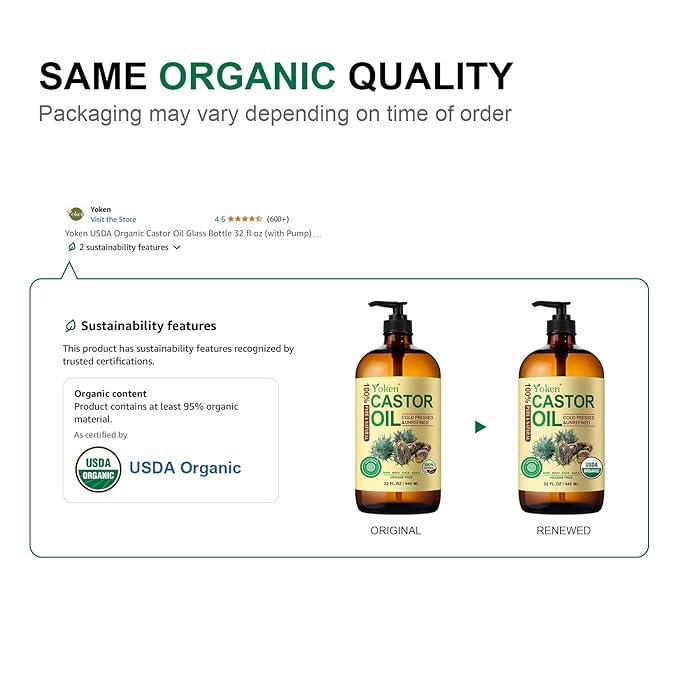 Yoken EWG Organic Castor Oil 32oz with Pump, Cold Pressed Hexane Free