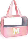 Junesters Personalized Initial Clear Makeup Organizer Large 9.13x3.54x6.89 Letter M Pink with Golden Chenille - Waterproof PU Leather Travel Cosmetic Case for Women Teen Girls