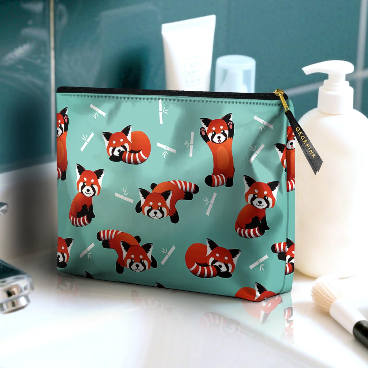 GEGEPINK Cute Makeup Bag for Purse Waterproof Cosmetic Bags for Women Funny Smooth Zipper Travel Toiletry Pouch 10X8 Inches-Red Panda Makeup pouch