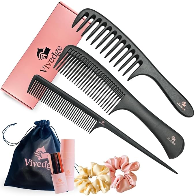 Vivedge Carbon Fiber Hair Comb Set for Curly Hair Woman | Wide Tooth Comb, Parting, Fine Tooth for Detangling, Styling for Natural Fine Straight to Curly, Thick, Wet or Dry Hair (Pink-Light Yellow)