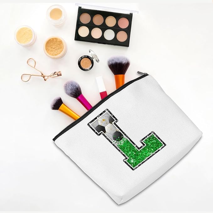 CQM Soccer Gifts Initial Makeup Bag Soccer Girl Gifts Cosmetic Bag Letter L