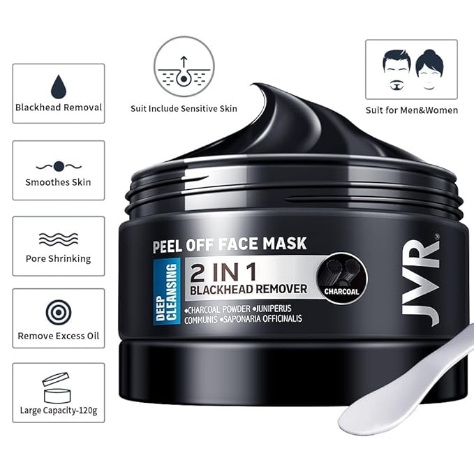 JVR Peel Off Face Mask, Blackhead Mask for Men, Charcoal Peel Off Black Mask, Facial Mask Refreshing and Deep Cleansing for All Skin Types 4.23 OZ