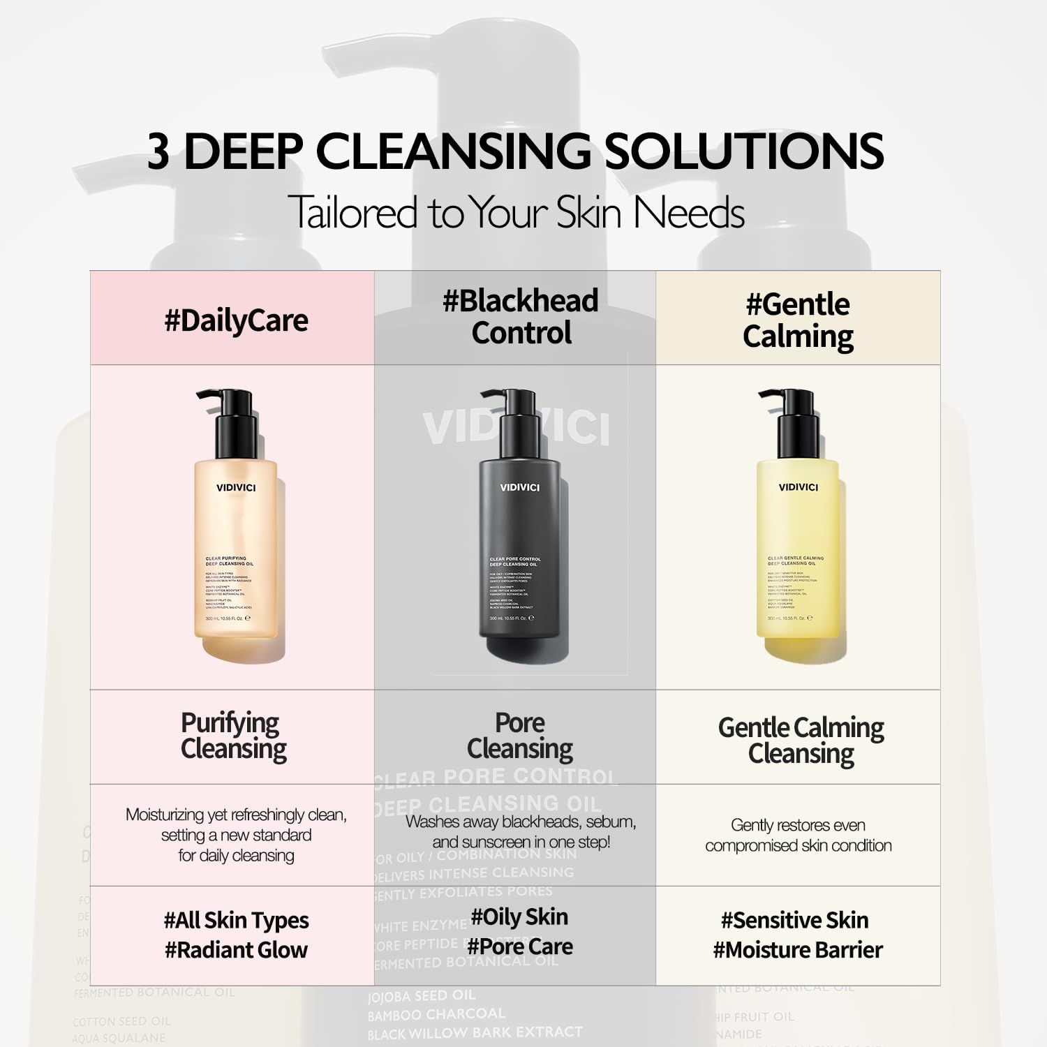 VIDIVICI Clear Pore Control Cleansing Oil 10.14 fl.oz | Makeup remover with blackhead care, Korean facial cleanser for oily skin, Sebum control with Bamboo Charcoal Powder, Korean skin care