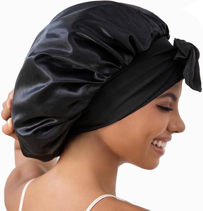 GDTOGRT Satin Silk Bonnet for Sleeping Women, Double Layer Sleep Hair Bonnets Caps for Curly Natural Hair with Tie Band -Black Stripe