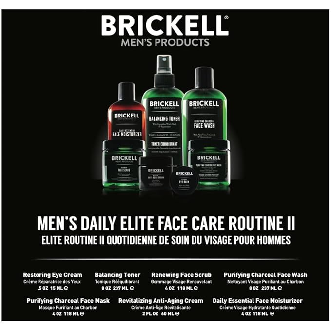 Brickell Men's Daily Elite Face Care Routine II, Toner, Charcoal Face Wash, Face Scrub, Anti-Aging Cream, Eye Cream, Charcoal Mask & Moisturizer, Activated Charcoal, Peptides, Hyaluronic Acid, Scented