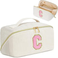 DTBG Personalized Initial Makeup Bag, Valentine's Day Gifts for Girls,Preppy Bag Cosmetic Travel Bag Women,Travel Toiletry Organizer,Large Capacity Corduroy Stuff Bag,Cute Cosmetic Pouch Skincare Bag
